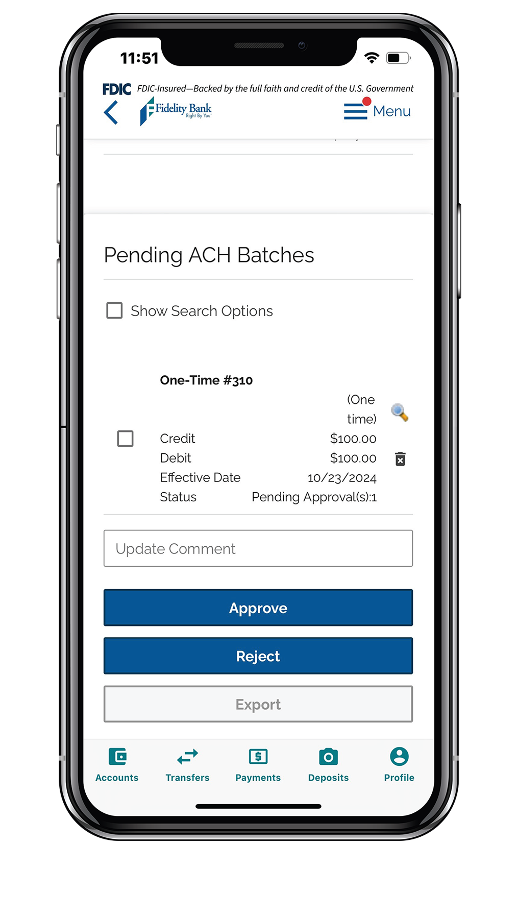 Mobile Banking ACH Approval Screen for Business Users