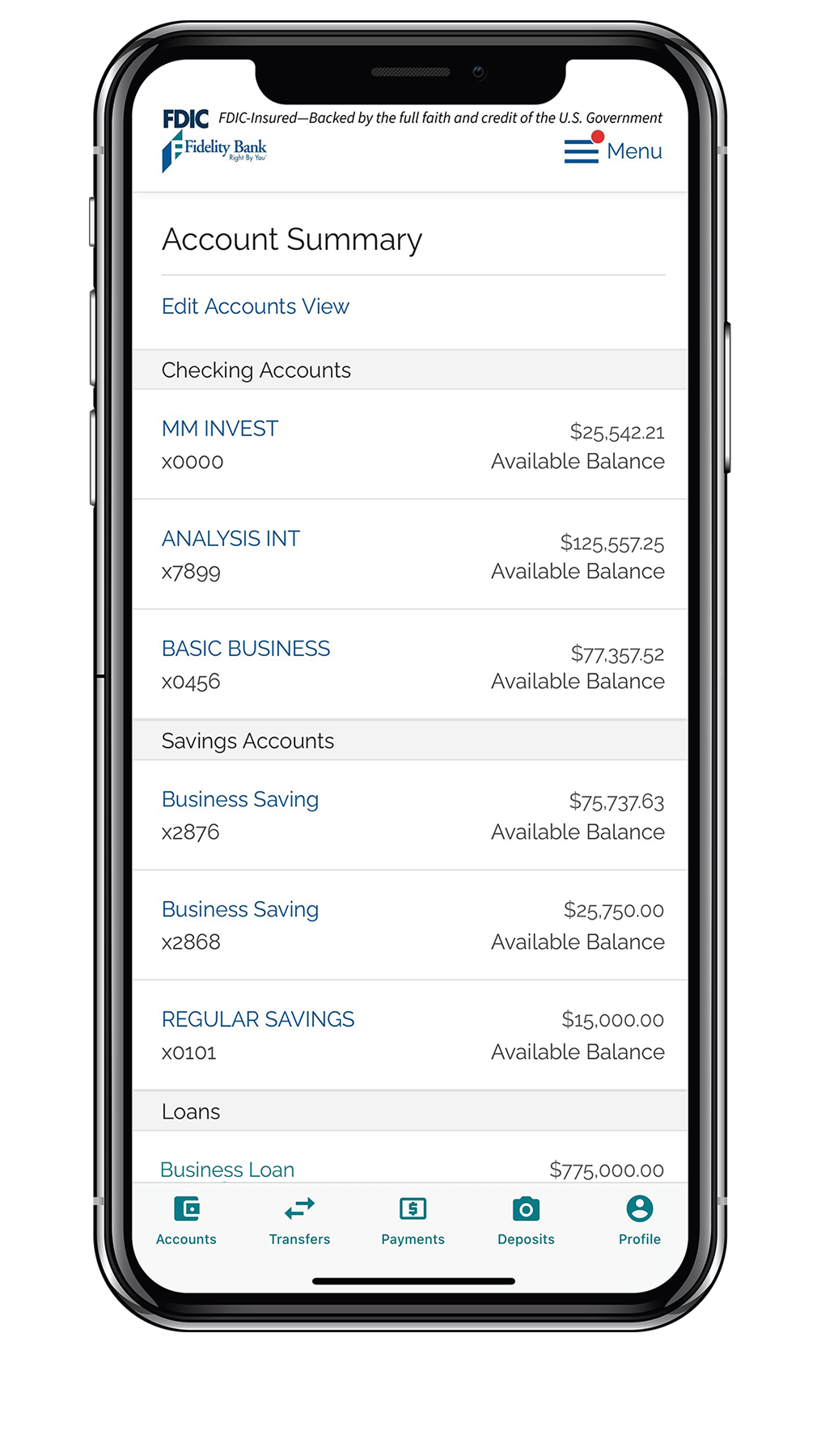 Mobile Banking Account Summary Screen for Business Users