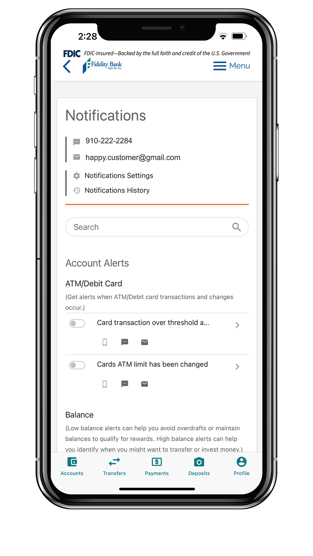 Mobile Banking Alerts Screen for Business User