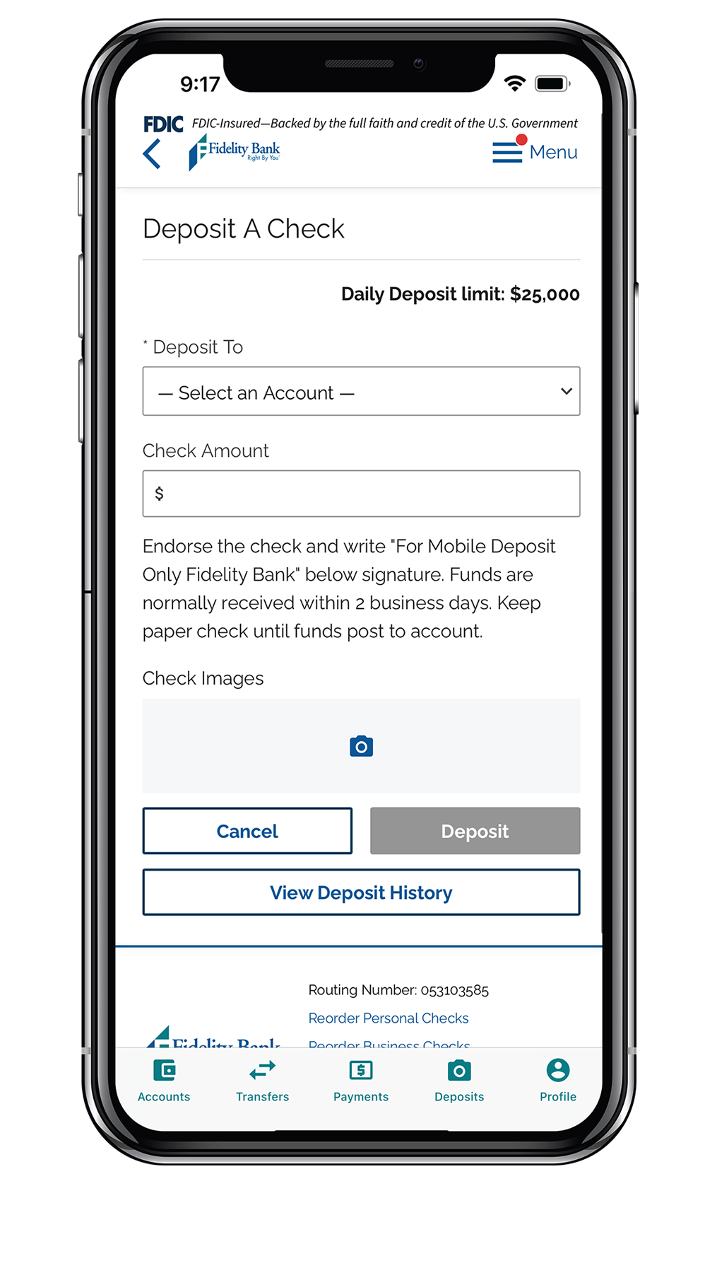 Mobile Banking Deposit Screen for Business User