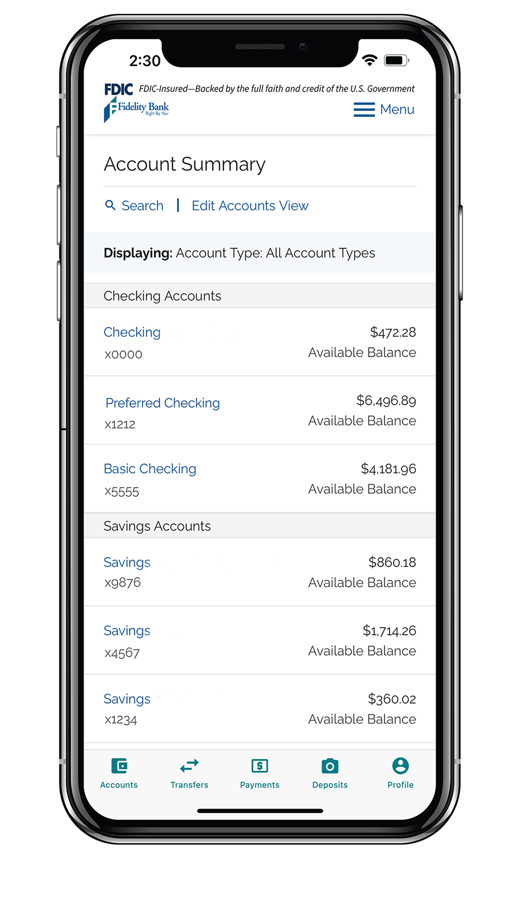 Mobile Banking Account Summary Screen for Retail User