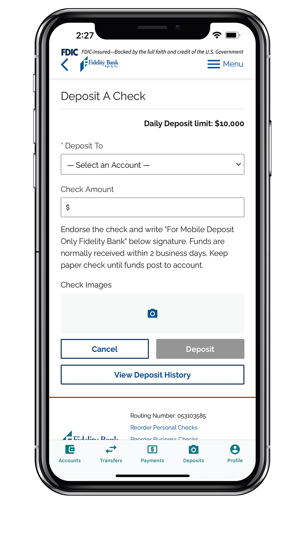 Mobile Banking Deposit Screen for Retail User