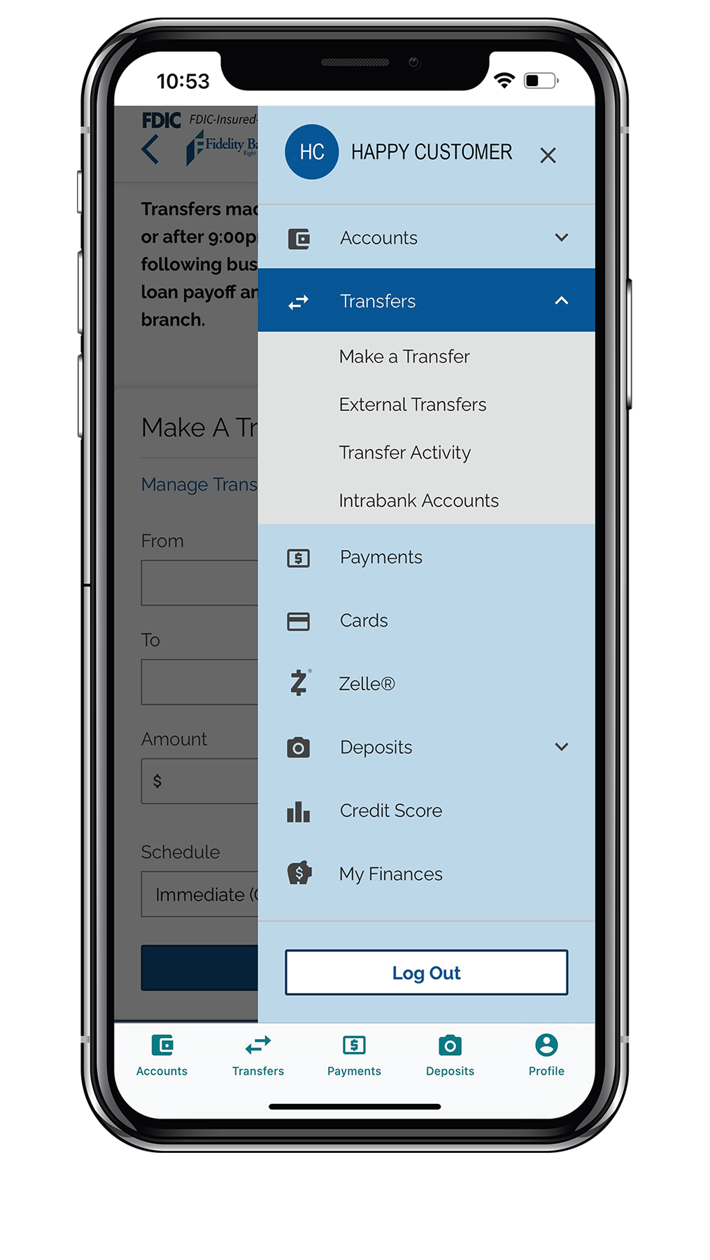 Mobile Banking Transfers Menu for Retail Users