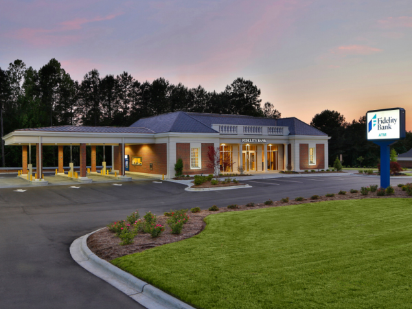 A fidelity bank branch at sunset