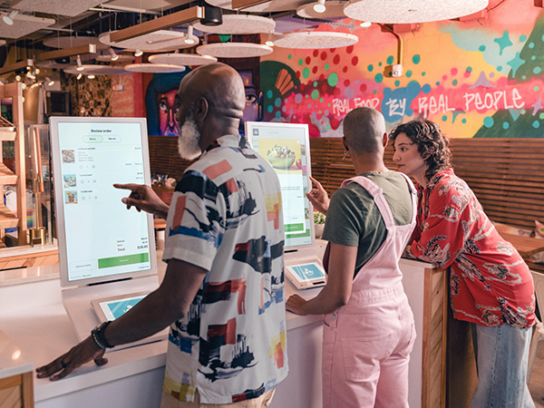 People entering restaurant order on a kiosk