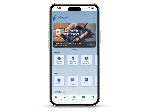 Mobile phone on white background with Fidelity Bank Perks benefits on screen.